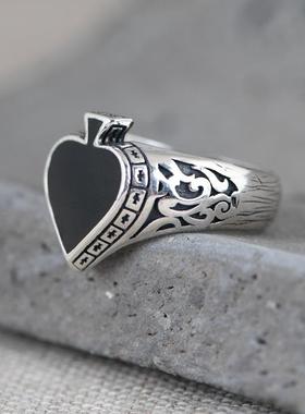 网红- S925银戒指男款复古工艺开口扑克牌黑桃A跨境银饰指环