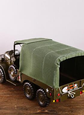 复古铁皮军车摆件创意篷布车模型工艺品美式汽车家居软装饰品道具