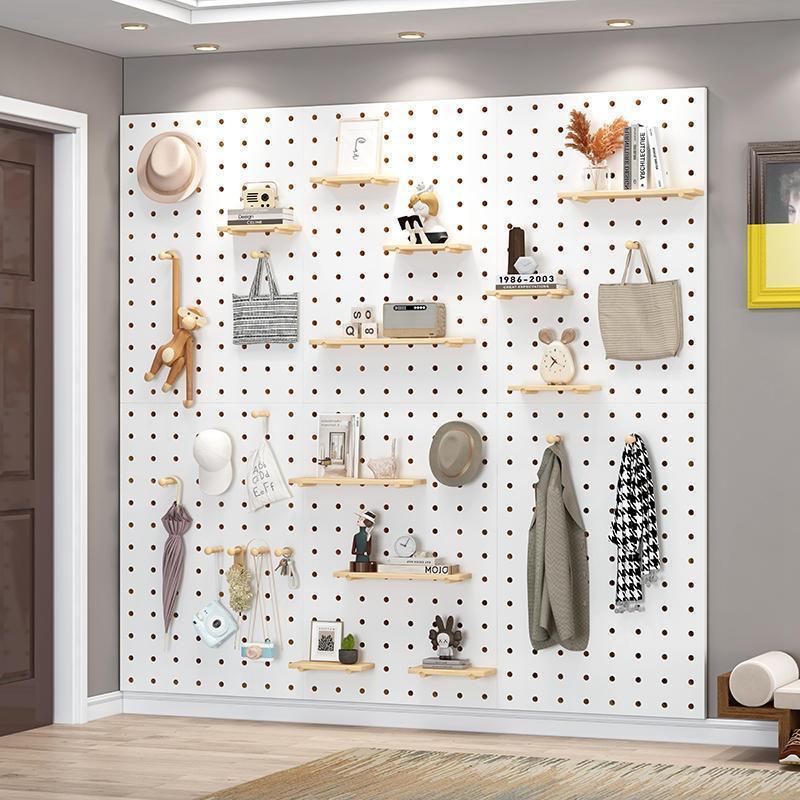 Solid wood hole board wall storage living room partition board receive details rack background wall simple wooden wall bookshelf