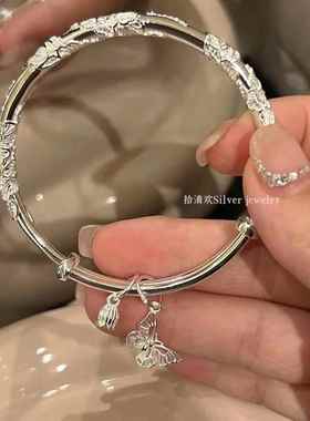 花丝银手镯女纯银9999足银繁花似锦花蕊蝴蝶银镯子实心推拉年轻款