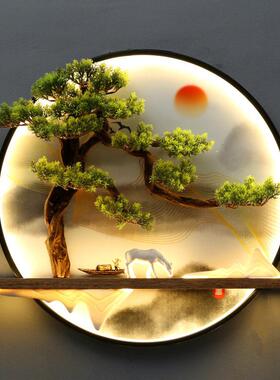 新中式晶瓷装饰画茶室客厅沙发背景墙装饰圆形仿真迎客松挂件挂画