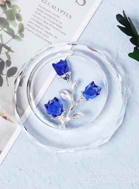 中式简约复古风格水晶工艺品桌面办公摆件几何形玫瑰花蕾大红花苞