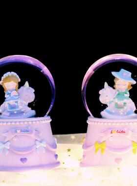 游园公主创意水晶球旋转飘雪花发光彩灯女生卧室桌面装饰水球摆件