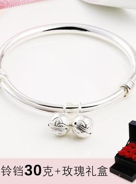 高档铛999银手银镯女纯轻款简铃约可爱学生年手镯实心手工镯子送