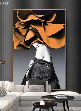 客厅装饰画轻奢橙色人物挂画服装店女装店美容院壁画美女背景墙画