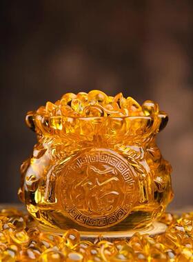 新招财猫聚宝盆水晶玻璃招财元宝聚福袋摆件招财进宝钱袋家庭玄关