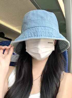 蓝色水洗牛仔渔夫帽子女新款日系百搭显脸小盆帽大头围防晒遮阳帽