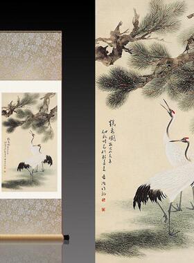 松鹤延年鹤寿图丝绸画卷轴画中堂挂画国画水墨画花鸟画客厅装饰