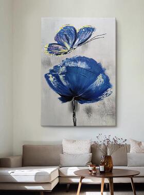 网红蓝色牡蝴丹手绘轻画客厅抽象油蝶肌画理画花卉装饰竖版奢玄关