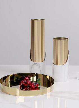 现代轻奢样房间金属花摆仿大理件石花器托盘桌EFE面板组合软装饰