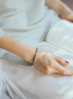 正品银手镯女复旧古中国风做实心知竹足常乐平安999镯纯银情侣手