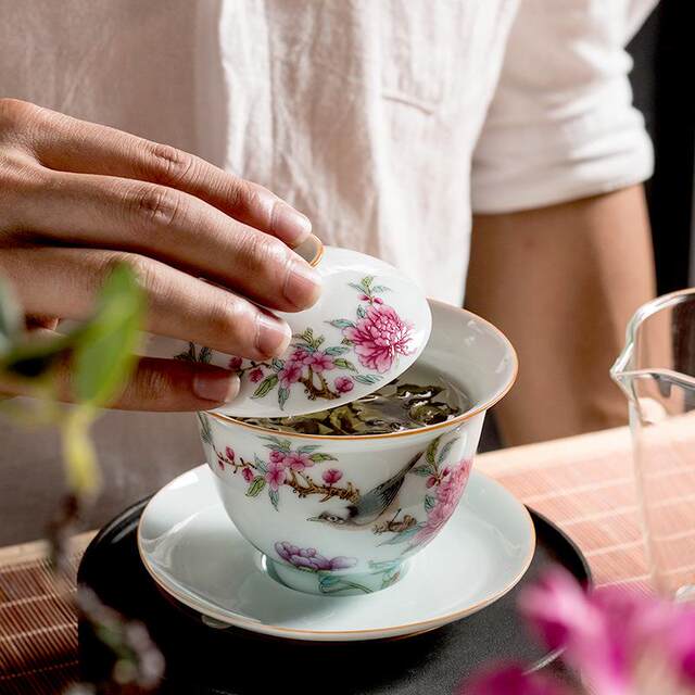 Yingqing Fushou covered bowl ceramic ຕ້ານການ scalding Sancai ຊາບ້ານເຮືອນ enamel ຫນາຂະຫນາດກາງສີ Kung Fu ຊຸດຊາ