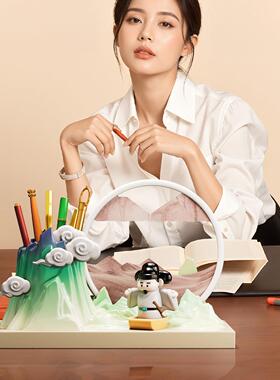 中国风李白文创笔筒流沙画摆件办公室桌面装饰品送老师纪念品