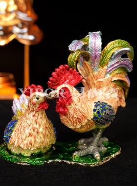 锌合金珐琅首饰盒手工艺品国风装饰中式凤尾公鸡母鸡一对家居摆件