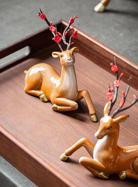 新中式家居客厅玄关陶瓷梅花鹿摆件新房酒柜电视柜桌面装饰工艺礼