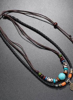 Turquoise beaded woven leather necklace Men