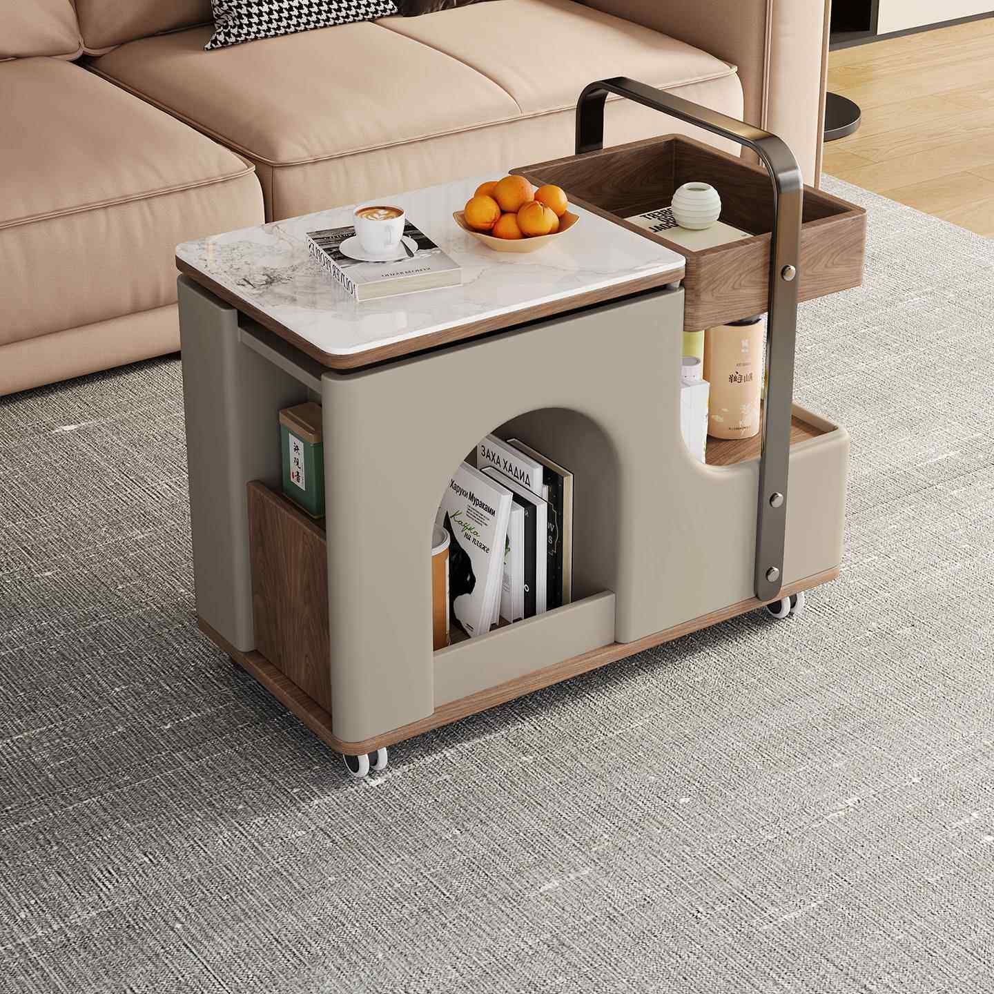 奶油风可升降旋转小户型家用现代简约高级感多功能储物移动小推车,淘宝优惠券,粉丝福利购,淘宝优惠卷