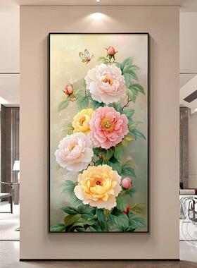牡丹花挂画新中式入户门玄关装饰画花开富贵竖版走廊客厅过道