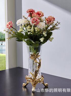 欧式水晶玻璃花瓶铜底座高端花器透明客厅餐厅花器软装家居摆设品