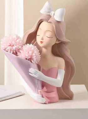 轻奢爱丽丝女孩创意摆件捧花花瓶家居装饰品桌面客厅电视柜摆设