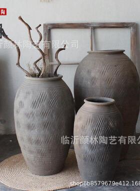 怀旧粗陶瓶落地土陶瓶陶罐瘦高灰色系仛寂风格陶罐花瓶复古民宿缸