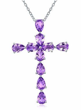 Silver Plated Amethyst Natural Color Stone Cross Pendant Nec
