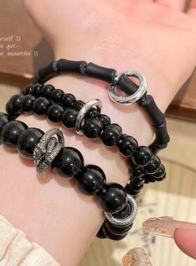 新中式中古风黑色穿着叠戴手链女复古高级设计感平安扣手串手饰品