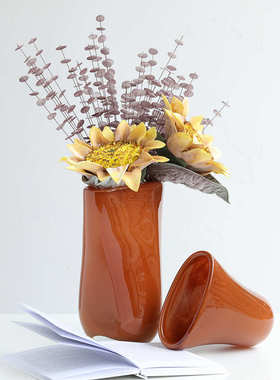 简约现代琉璃花瓶插花摆件橘色厚重扁口异形花器家居软装饰品批发