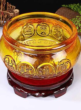 琉璃聚宝盆摆件鱼缸造景黄水晶琉璃元宝开 业乔迁礼品客厅家居装