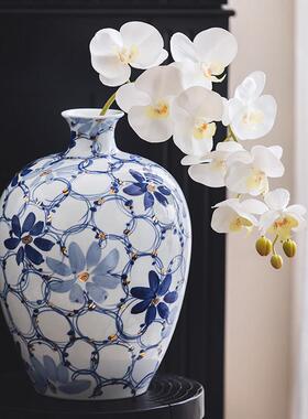 中式青花瓷花瓶摆件手绘鎏金瓶法式客厅玄关花几摆放装饰陶瓷圆瓶