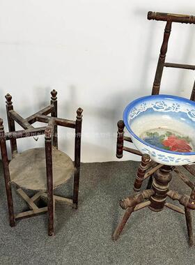 民俗老物件怀旧老式脸盆架搪瓷盆80年代木脸盆架影视道具装饰摆件