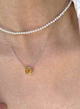 夏季吸财黄色小方糖皓石项链通体S925银清冷百搭叠戴项链