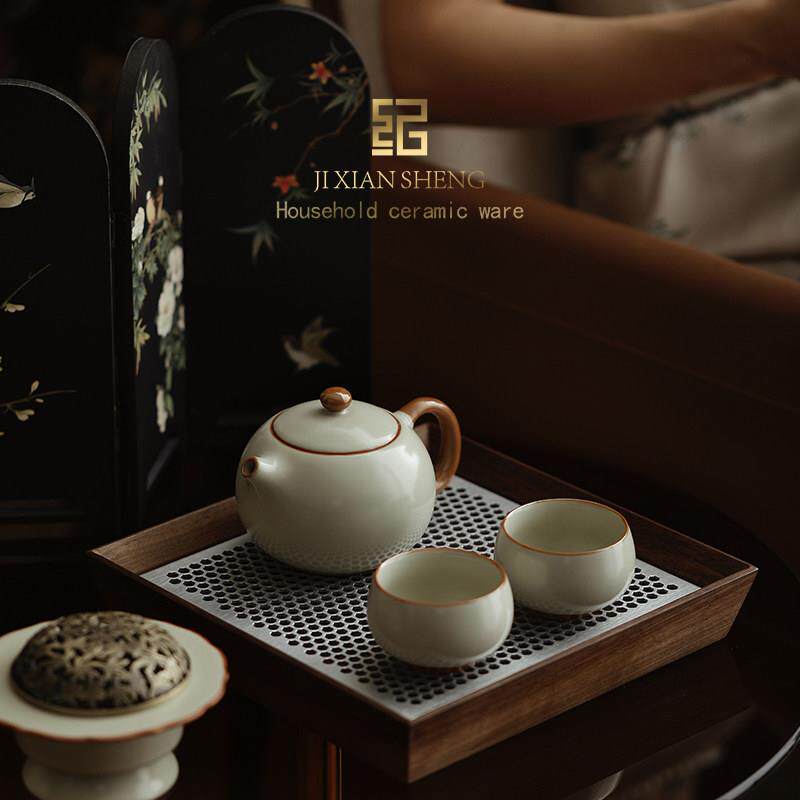 Beige Ru Kiln Xishi Kung Fu Tea Set One Pot and Two Cups as a Birthday Housewarming Gift for Elders, Teachers and Fathers