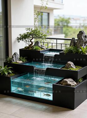 不锈钢定制流水循环鱼缸花箱露台叠泉瀑布造景花坛钢化玻璃鱼池
