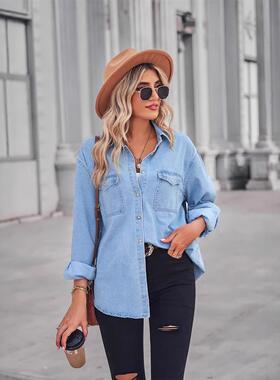 Women's Spring Long Sleeve Denim Jean Shirts Button Down