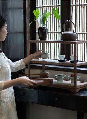新中式实木桌面瓷器架双层置物架黑胡桃木茶室装饰茶家具收纳架