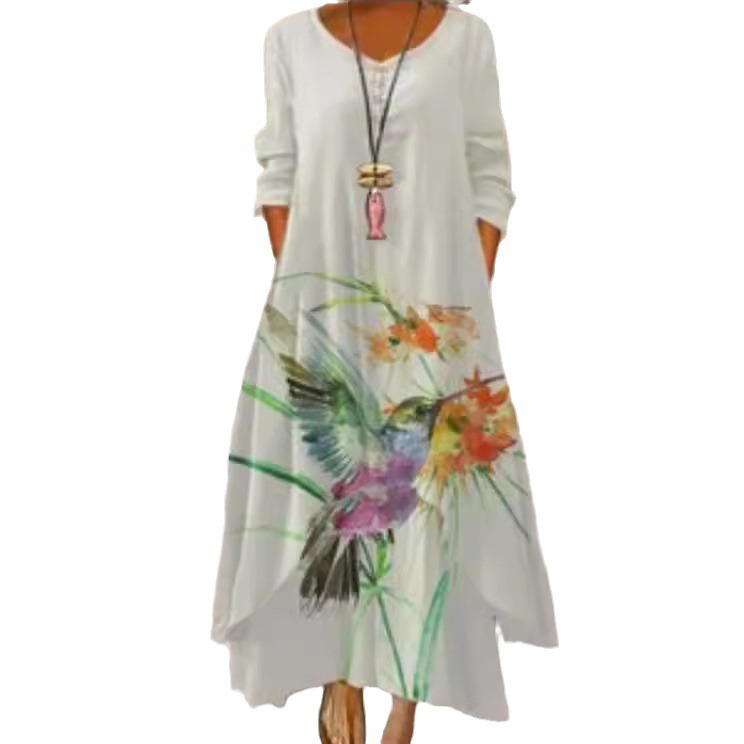 Popular printed long sleeved dress, women's hem long skirt - 图1