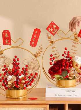 新款直销2026新年装饰发财果冬青果红浆果铁艺花篮乔迁新居桌面仿