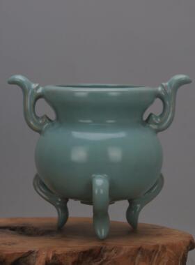 宋汝窑青瓷铁胎双耳如意三足彷宋造土香炉，彷古古玩，五大名窑