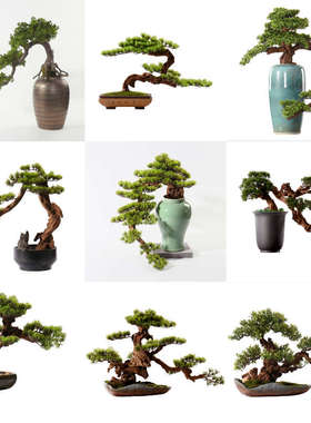 新中式禅意盆景摆件仿真迎客松盆栽售楼处样板间客厅玄关装饰摆设