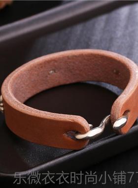 新款宽手工真枥木鞍版革25银菊花钉复古皮高桥吾郎风格皮手环9手