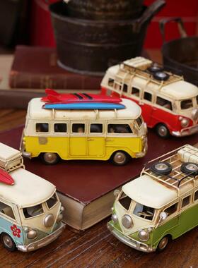 铁彩色巴士经典汽车时尚覆古儿童房餐厅桌面模型店装饰装饰品