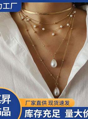 Vintage Pearl Metal Chain Necklace复古珍珠金属链条项链女饰品
