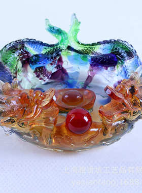琉璃双龙戏珠聚宝盆摆件家居客厅玄关装饰品开业乔迁送礼