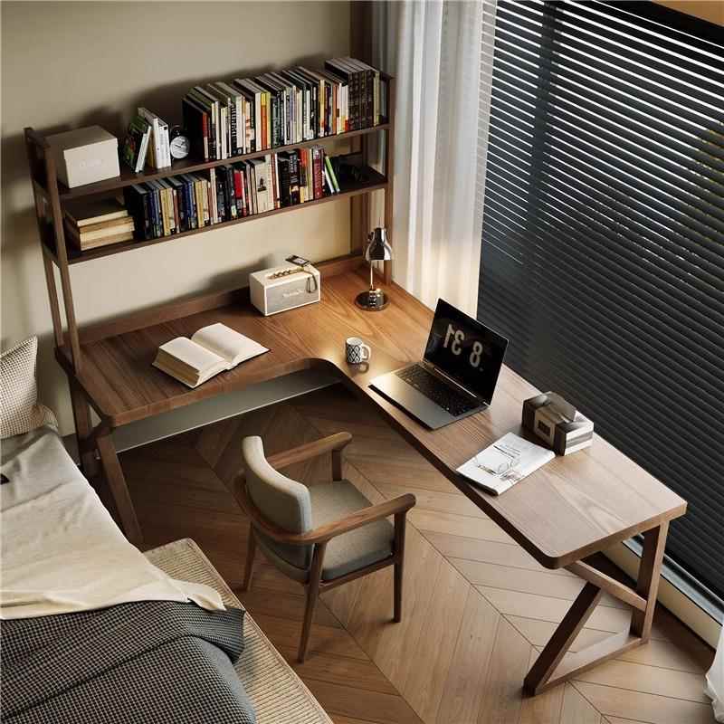全实木双人转角书桌书架一体L型电脑桌卧室简易学习桌家用办公桌 - 图1
