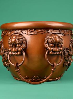 紫铜狮首耳龙缸摆件祥工艺品家居办公室吉HJ-狮首缸铜装纹饰品开