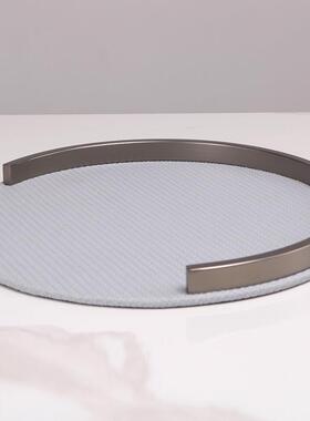 设计师饰圆托盘STP样板形间件轻奢高级金属皮革摆客厅玄关收纳软
