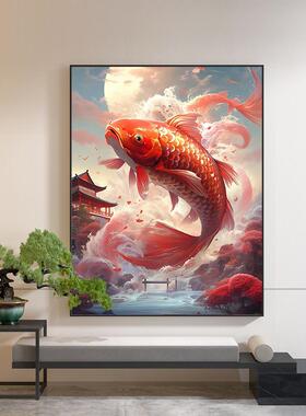 网红鱼龙门装画饰画挂玄关绘油中新式客厅餐厅跃招财锦手鲤红色鲤