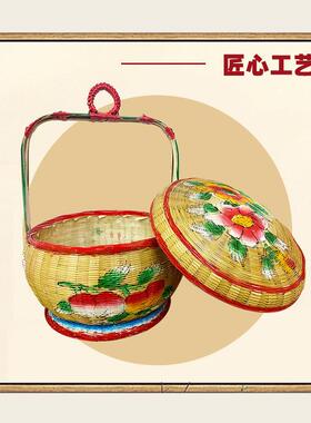 潮汕纯手工彩绘竹篮竹编篮子结收纳蓝储物篮婚嫁花篮传统竹艺摆件