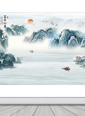 富春山居图中式山水壁画墙纸自粘背景墙贴风景画靠山图客厅装饰画